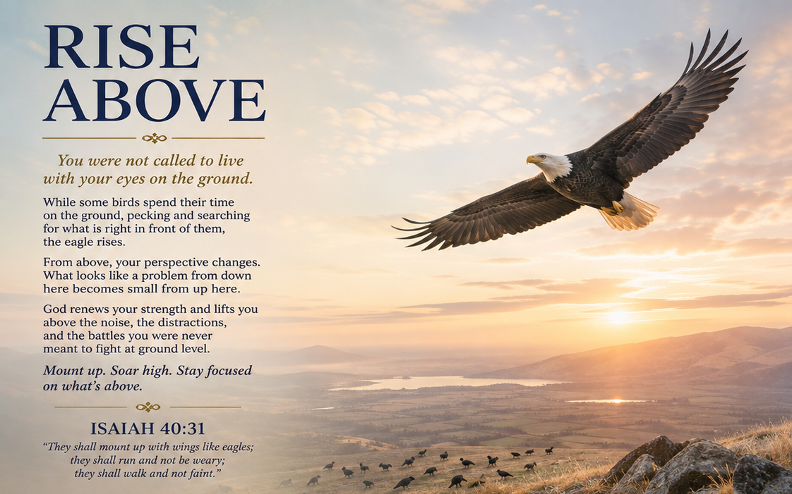 Rise Above — Isaiah 40:31, an eagle soaring over a valley at sunrise