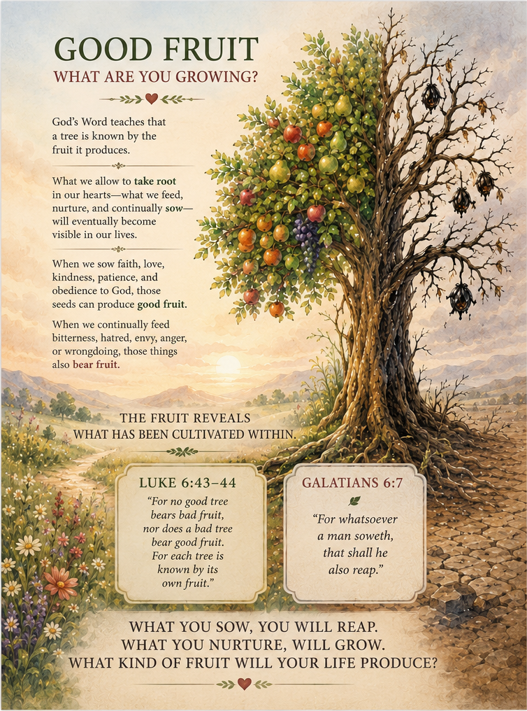 Good Fruit — Luke 6:43–44 and Galatians 6:7, a fruit tree in a field